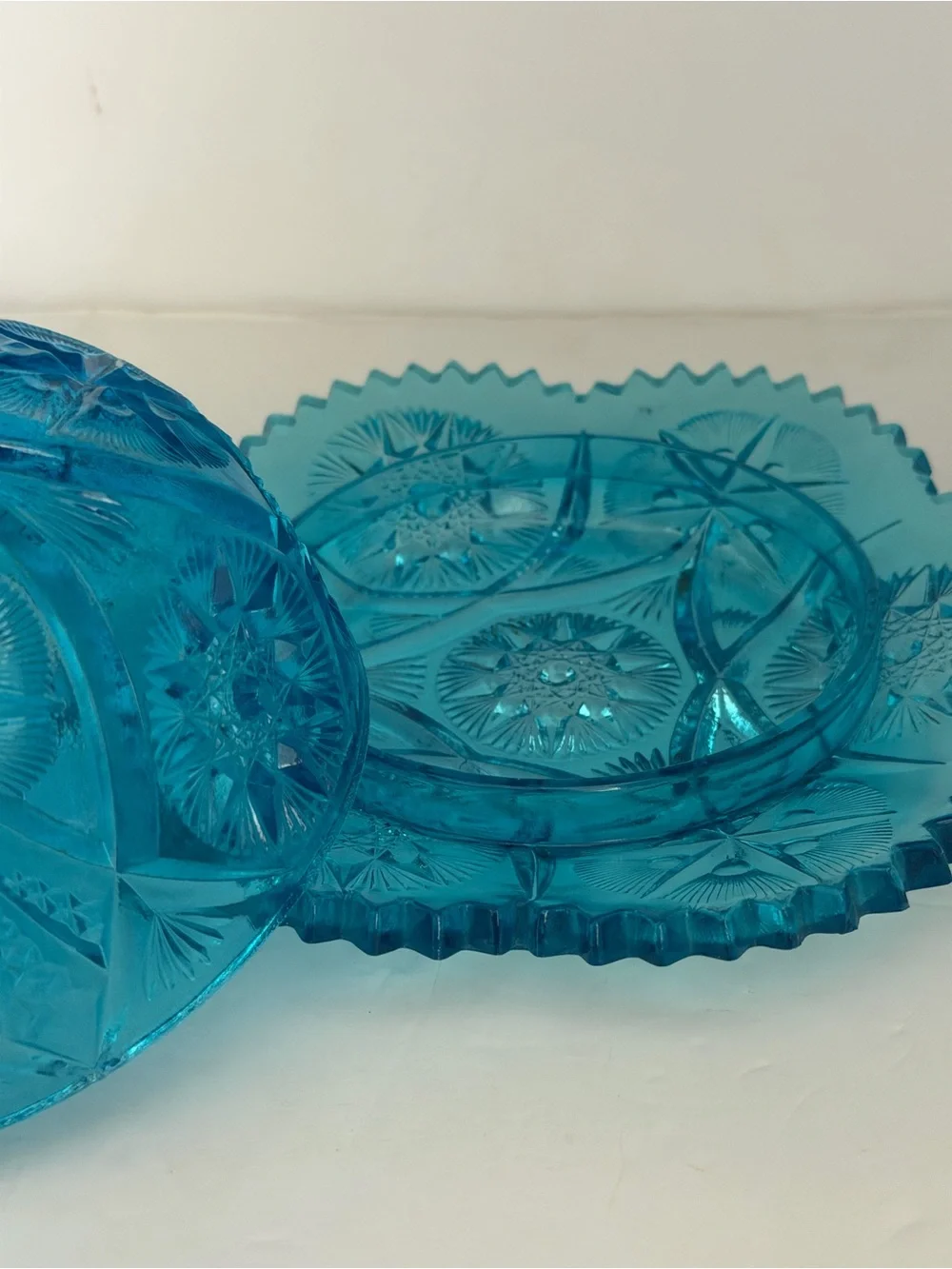 Bright Blue Pressed Glass Covered Cheese Dish